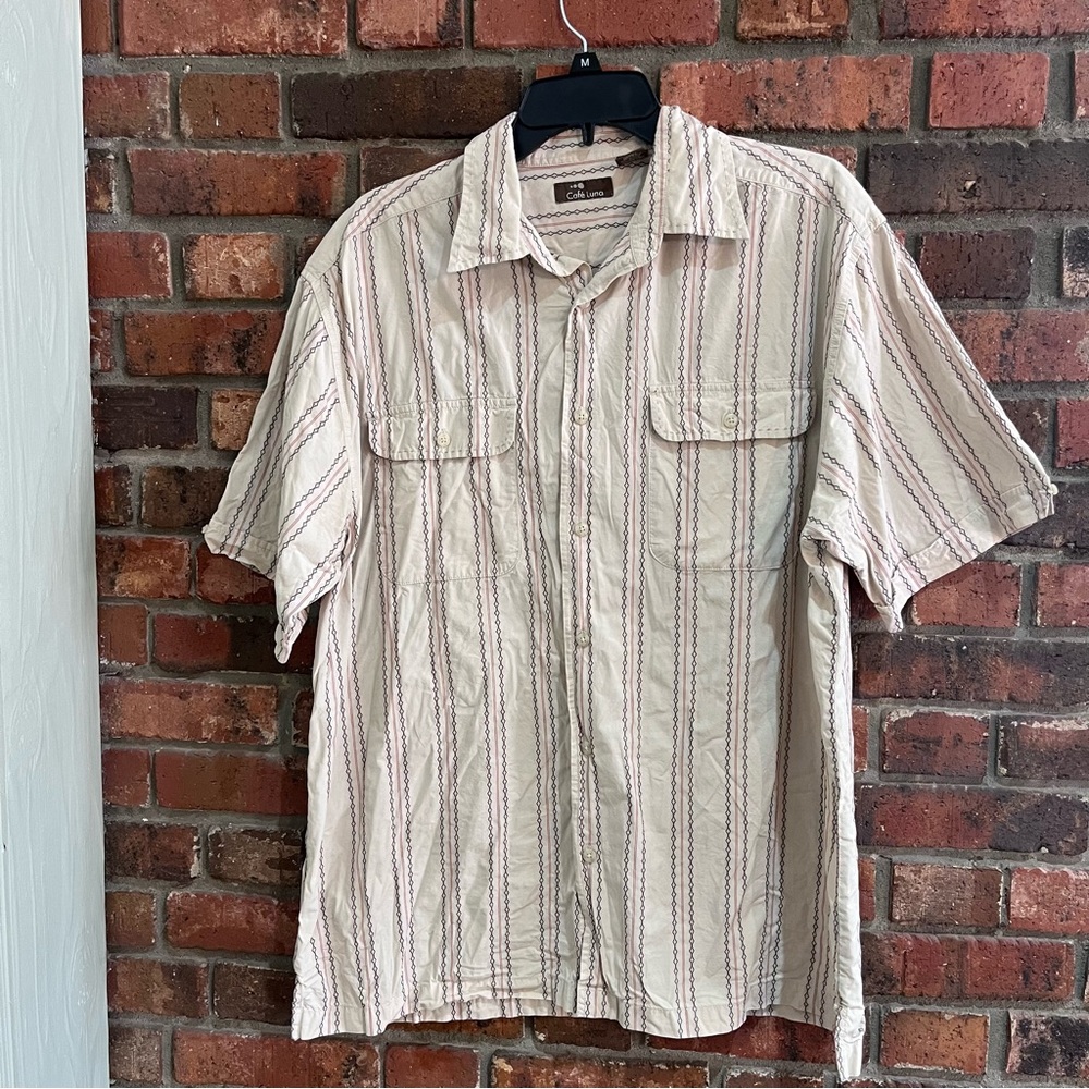 Cafe Luna mens embroidered striped cotton short sleeve button up shirt tan large